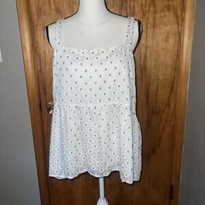 NWT Loft White Blue Square Neck Embroidered Baby Doll Polka Dot Tank Top Size 16